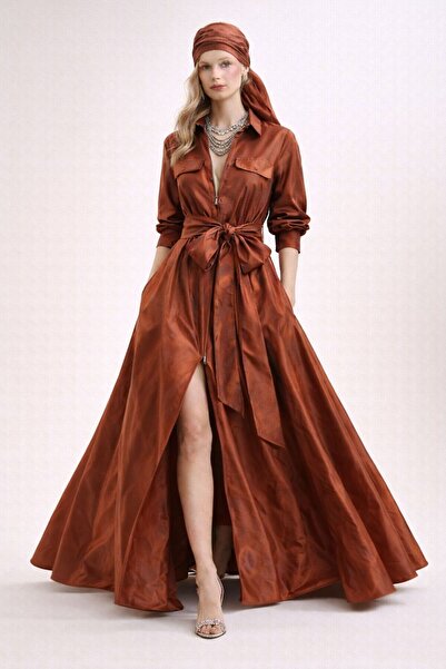 ALYEL NAKER Maxi Stylish Taffeta Shirt Dress with Front Zipper Detail & Pockets