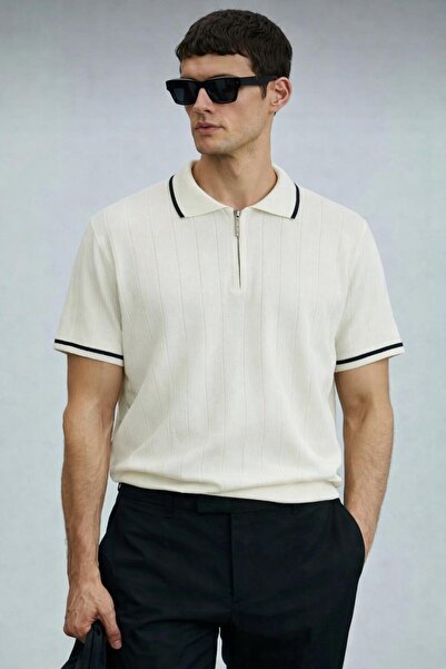 Lufian Polyemid Premium Kalite Erkek Kısa Kollu Yarım Fermuar Detaylı Triko T...