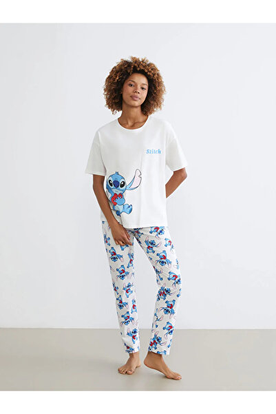 LC Waikiki LCW Young Ekru Bisiklet Yaka Stitch Baskılı Kadın Pijama Takım