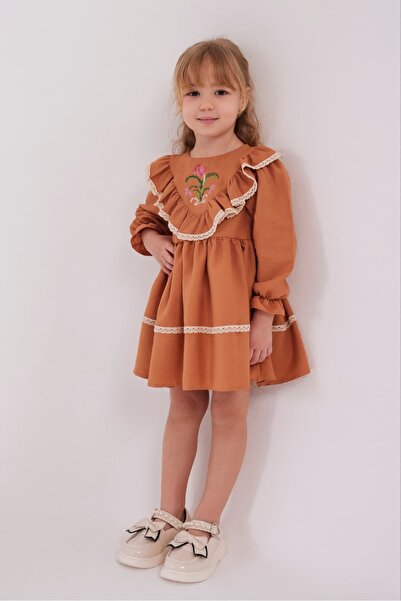 Pinkitokids Embroidery Detailed Ruffled Girl's Dress-Cinnamon