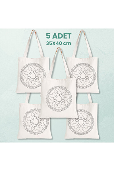 Cemira 5 Adet Mandala Çiçek Boyanabilir Ham Bez Omuz Çantası - DIY Kendi Çant...