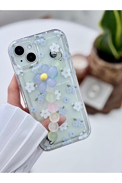 Go Aksesuar Iphone 14 Plus Ve 15 Plus Uyumlu Tutacaklı Mavi Çiçek Tasarımlı S...