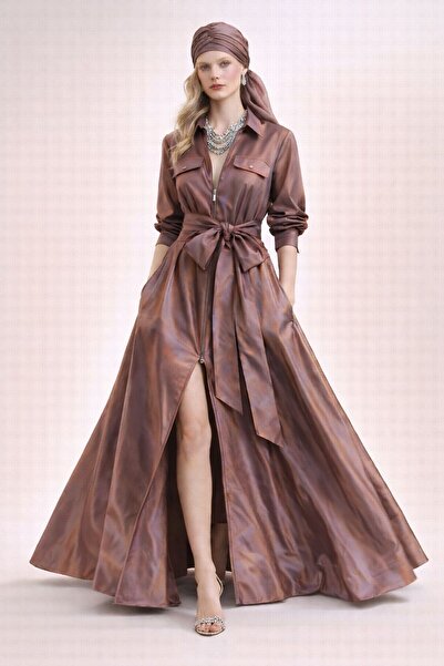 ALYEL NAKER Maxi Stylish Taffeta Shirt Dress with Front Zipper Detail & Pockets