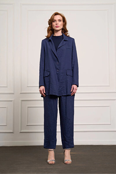 MissWhence Linen Jacket Trousers Set Navy Blue 37207
