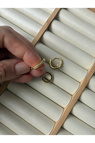 ARİ TAKI Stoned Ring 3-Piece Gold Steel Earrings