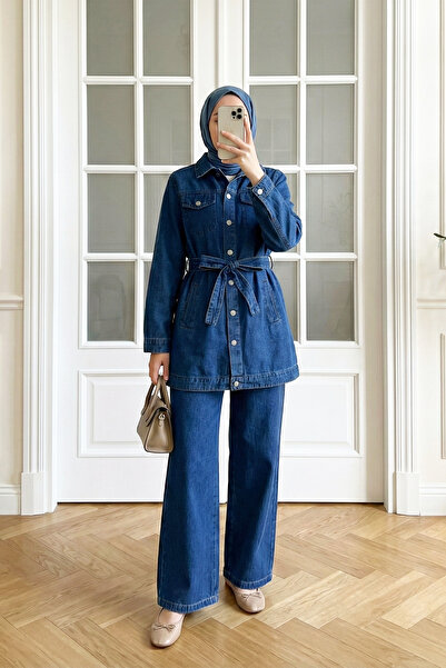MODAQU Waist Belt Detailed Pocketed Denim Suit - Blue