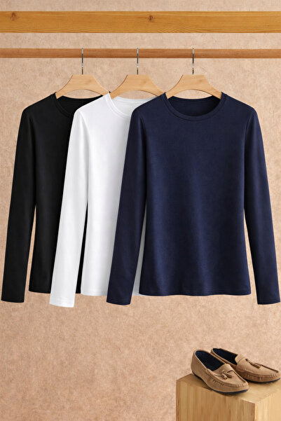 COMBİNE MİCHAİL Women's Cotton Crew Neck Slim Fit 3-Piece Blouse