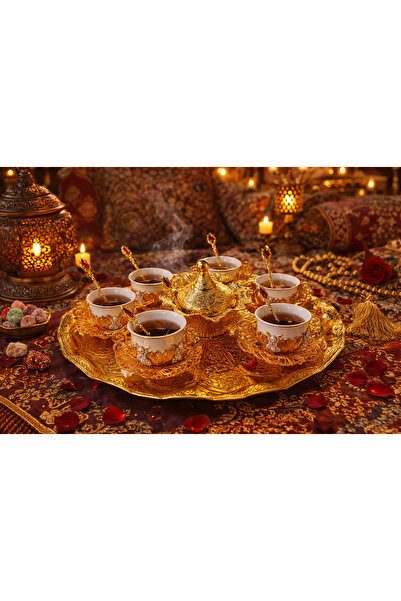 seymenbıçakçılık Lüks 6’lı Kahve Fincanı Seti – Tepsili, 6 Gold Kaşık & Kapak...