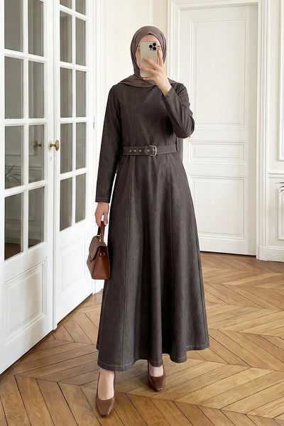 MODAQU Zippered Belted Long Denim Dress - Light Coffee
