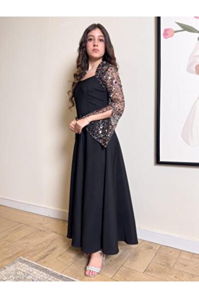 extel Elegant Ghaida Dress Barbie Black Luxury with Embroidered Sleeves