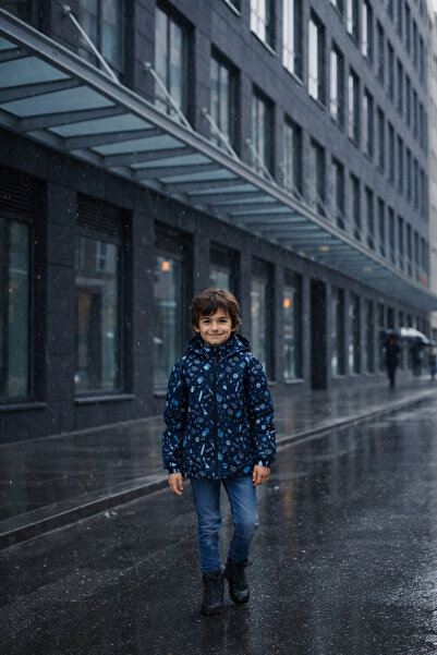 Street Sports Boys Waterproof Jacket – Navy Printed Hooded Raincoat