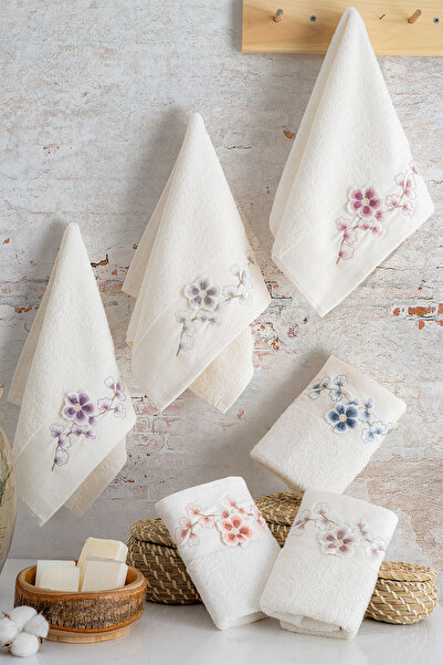 Bikaya Home Nurpak 50X90 Turquoise 3D Embroidered Hand Towel |   6 Pieces |  ...