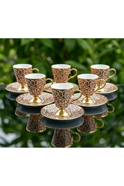 ASSA BAZAAR Leopard Patterned Porcelain Coffee Cup Set for 6 People
