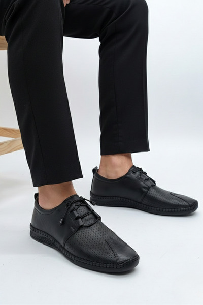 Ekonomik Ayakkabı Men's Black Lace-Up Casual Shoes with Perforated Air-Circul...