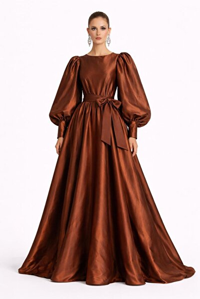 ALYEL NAKER Crew Neck & Balloon Sleeve Maxi Stylish Taffeta Event Dress