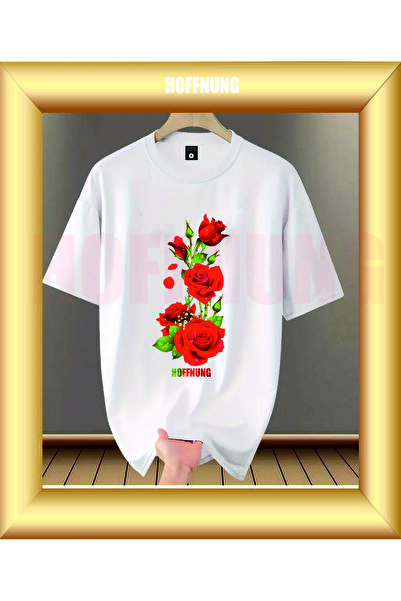 HOFFNUNG تي شيرت للجنسين بأكمام قصيرة وياقة دائرية وطباعة زهور حمراء من HOFFN...