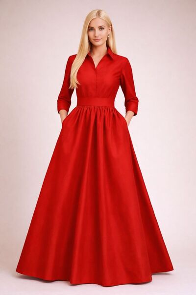 ALYEL NAKER Mobile Belted & Pocketed Maxi Length Red Taffeta Stylish Shirt Dress