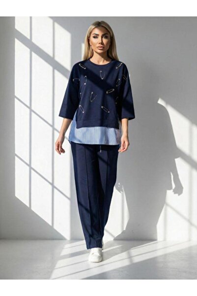 Kokoşum Butik 7538 Striped Combed Cotton Detailed Suit Navy Blue