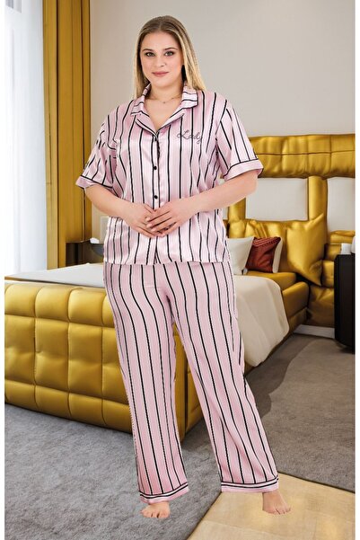 by İGP Satin Pink Striped Short Sleeve Plus Size Pajama Set
