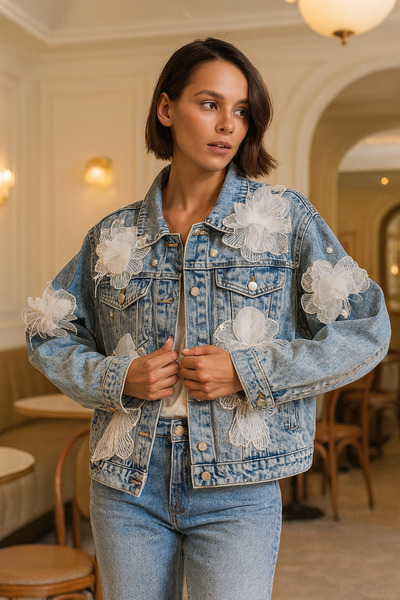 Divin store Denim jacket with 3D floral appliqués