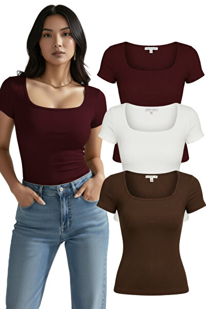 NERTH STYLE Set of 3 U-Neck Short Sleeve Ribbed Cotton Blouse T-Shirts