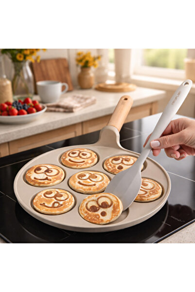 NEOFLAM Çok Gözlü Pancake Mini Krep Tavası Seramik Kaplamalı Fika 26 cm Bej R...