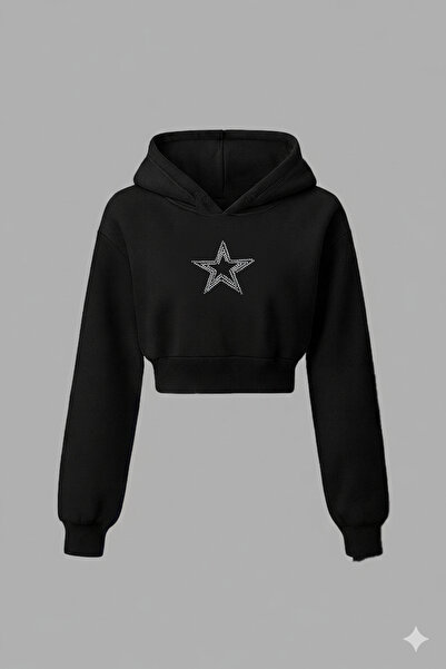 Bozz&Bozz Collection سويت شيرت نسائي بقلنسوة من كريستال ستون مطبوع كروب هودي