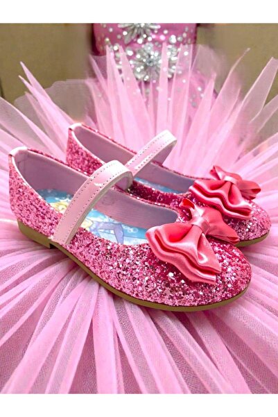 MARKABONİ Girl's Elisa Printed Shiny Pink Sequined Bow Ballerina Shoes