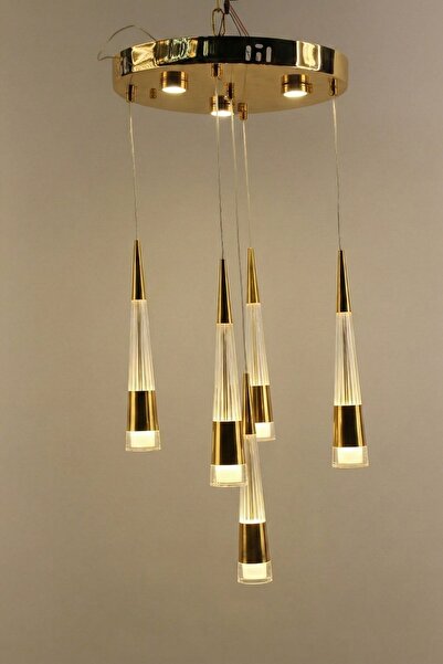 GN GEN AYDINLATMA Lüks Gold Çemberli Seri 5li Konik Model Çizgisel Kristalize...