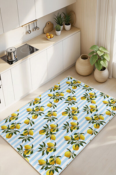 Home Limon Desenli Sarı ve Mavi Çizgili Şık Dekoratif Mutfak Halısı