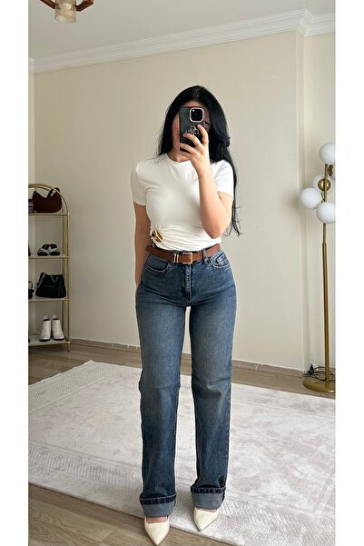 YELZEY BUTİK Premium High Waist Half Lycra Straight Leg Jeans