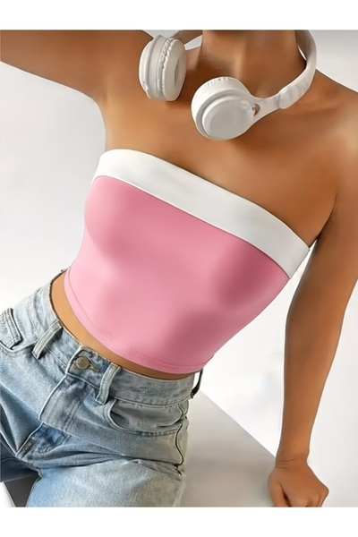 Lacis Strapless White Collared Double Color Crop Top