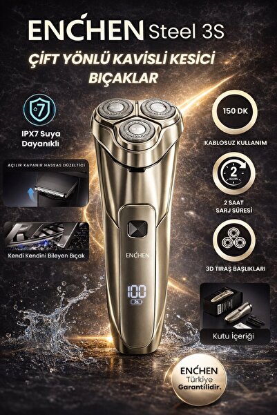 Enchen Steel 3S Gold Elektrikli Tıraş Makinesi - Çift Yönlü Kavisli Bıçak, Di...