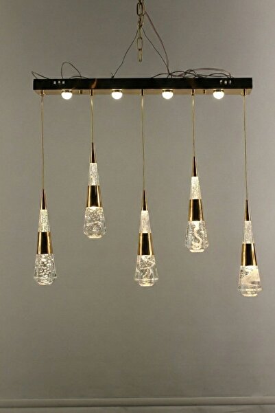 GN GEN AYDINLATMA Gold Sıralı Seri Huni Model 5li Balonlu Kristal Cam Led Avize