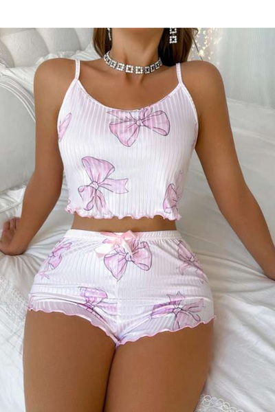 quilling Patterned Knitted Fabric White Color S-34 Lycra Shorts Pajama Set: S...