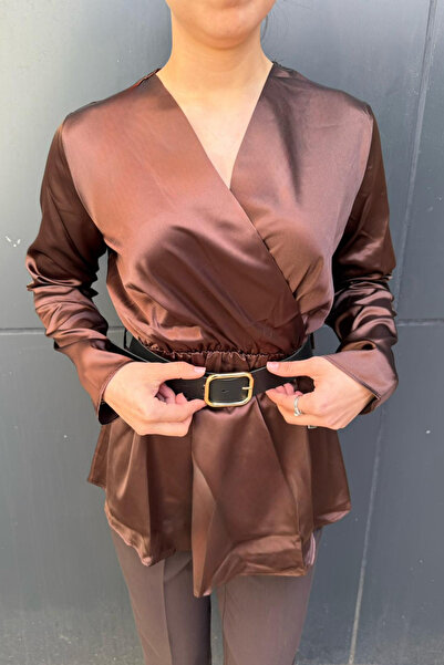 sunfyre Women's V-Neck Long Sleeve Satin Blouse with Elastic Waist Belt Detai...