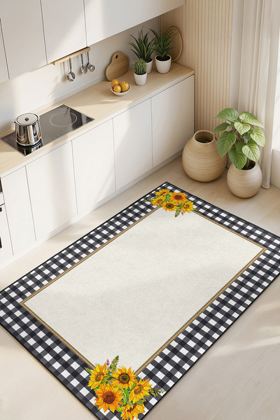 Home Siyah Beyaz Kare Desenli Güneş Çiçekli Şık Dekoratif Mutfak Halısı