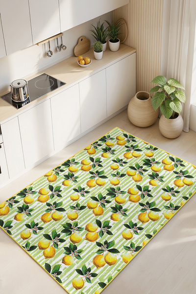Home Canlı Sarı Limon Desenli Şık Dekoratif Mutfak Halısı