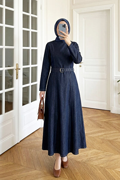 MODAQU Zippered Belted Long Denim Dress - Navy Blue
