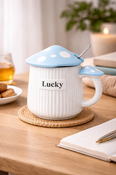 hediyeconcepti 500ml Lucky Mushroom Design Ceramic Mug with Lid – Blue Decora...