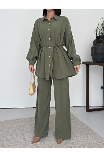 LAVRE Soft Textured Buttoned Shirt and Trousers Set with Tie Detail