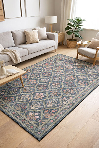 Nihai Ev Dijital Kaymaz Yıkanabilir Çiçekli Vintage Eskitme Salon Halısı Mutf...