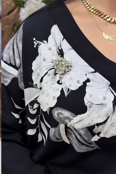 GÖKSEL ÇİÇEK BASKI TAŞ İŞLEMELİ BÜYÜK BEDEN BLUZ