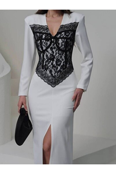 Julidress Lace Detailed Padded Slit Design Premium Midi Dress