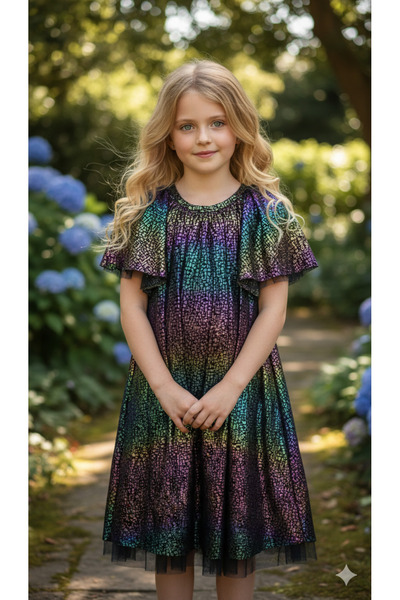 Next Kız Çocuk Gökkuşağı Işıltılı Volanlı Özel Gün Elbisesi