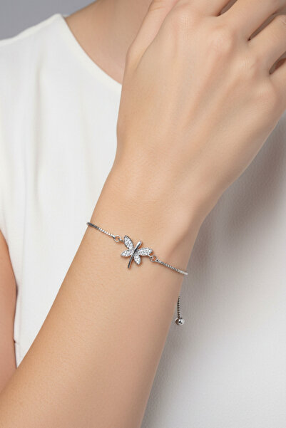 takimaster Silver Color Zircon Stone Dragonfly Elevator Steel Bracelet