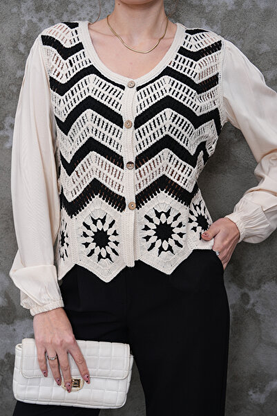 FancyWorld Μαύρη μπεζ πλεκτή μπλούζα με σχέδια σε στυλ ζακέτας με κουμπιά