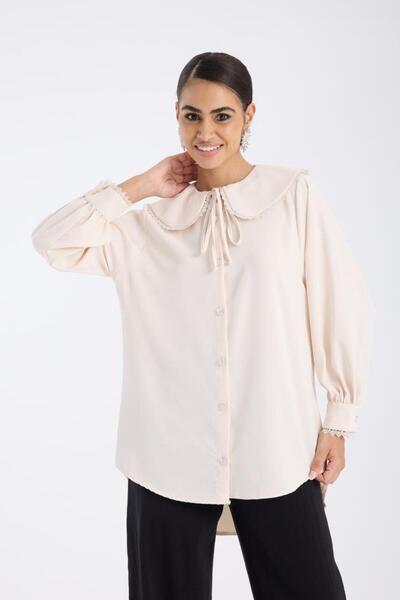 Kadın Bej Bebe Yaka Dantel Detaylı Oversize Gömlek