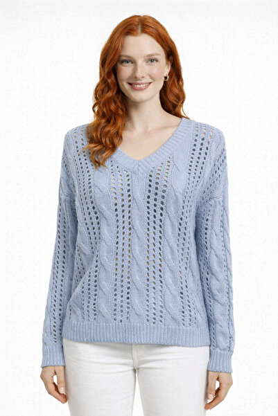 Neden Tekstil Baby Blue V-Neck Openwork Hair Knit Sweater