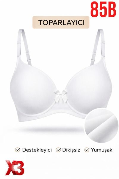 PRUSA İÇ GİYİM Women's Padded (Supported) Underwire Gathering White Bra X3 (3...